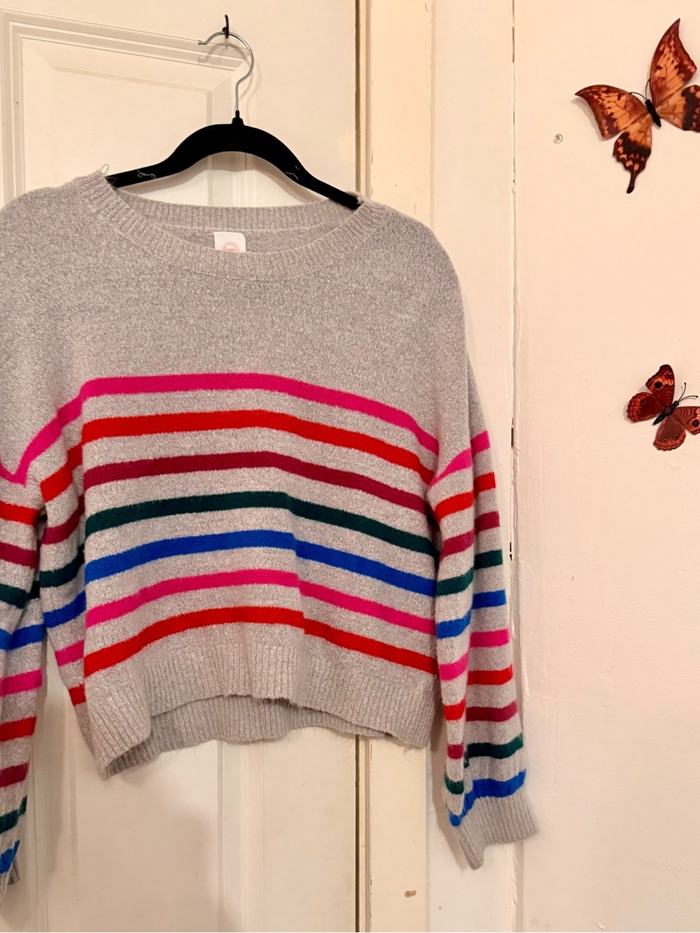 wonder nation Light Gray Crewneck Sweater with Multi-Color Stripes